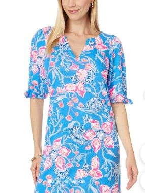 Lilly Pulitzer Easley Short Sleeve Tee shirt Dress blue pink floral dress sz XL